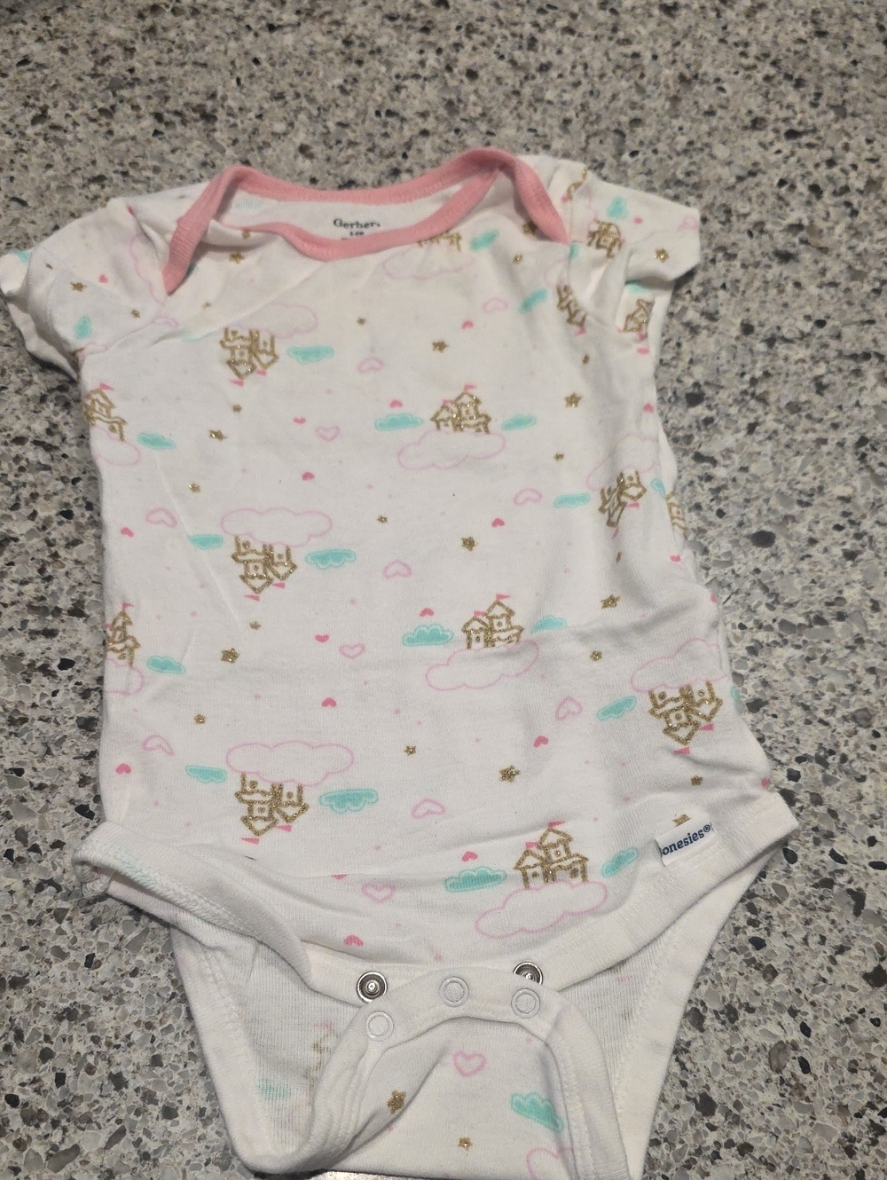 Gerber White Onesie with Pink Trim and Gold Castle Accents